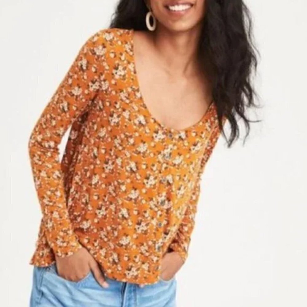 American Eagle AEO Soft & Sexy Slub Golden Yellow Floral Button Down Long Sleeve